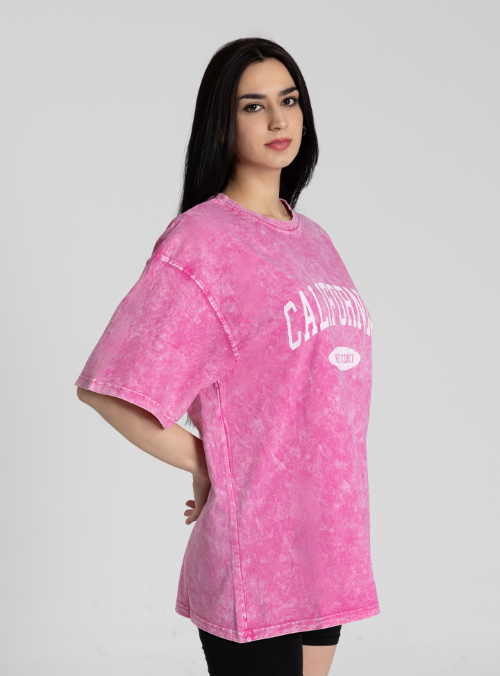 Oversize Pembe Yıkanmış Kadın Tişört