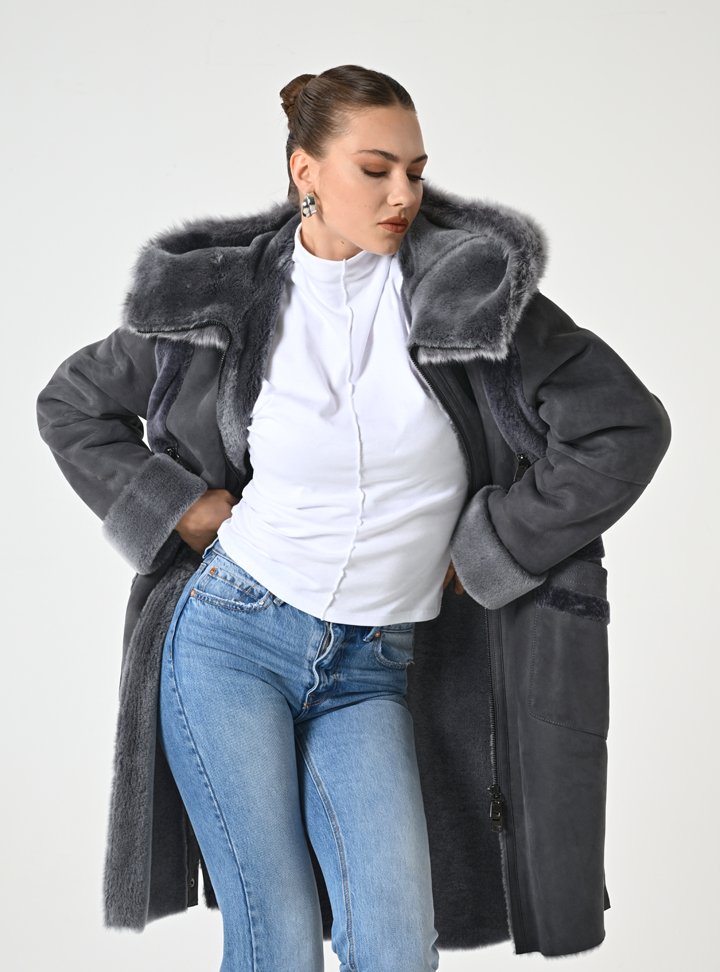 Kadın Gri Kapüşonlu Shearling Kaban - Cripp