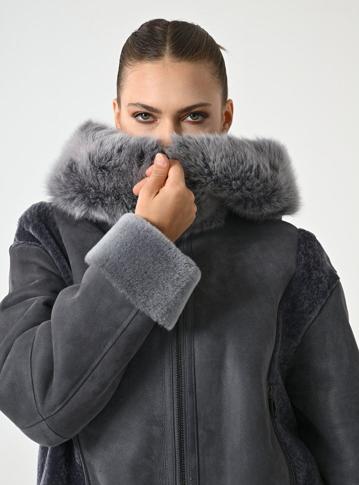 Kadın Gri Kapüşonlu Shearling Kaban - Cripp