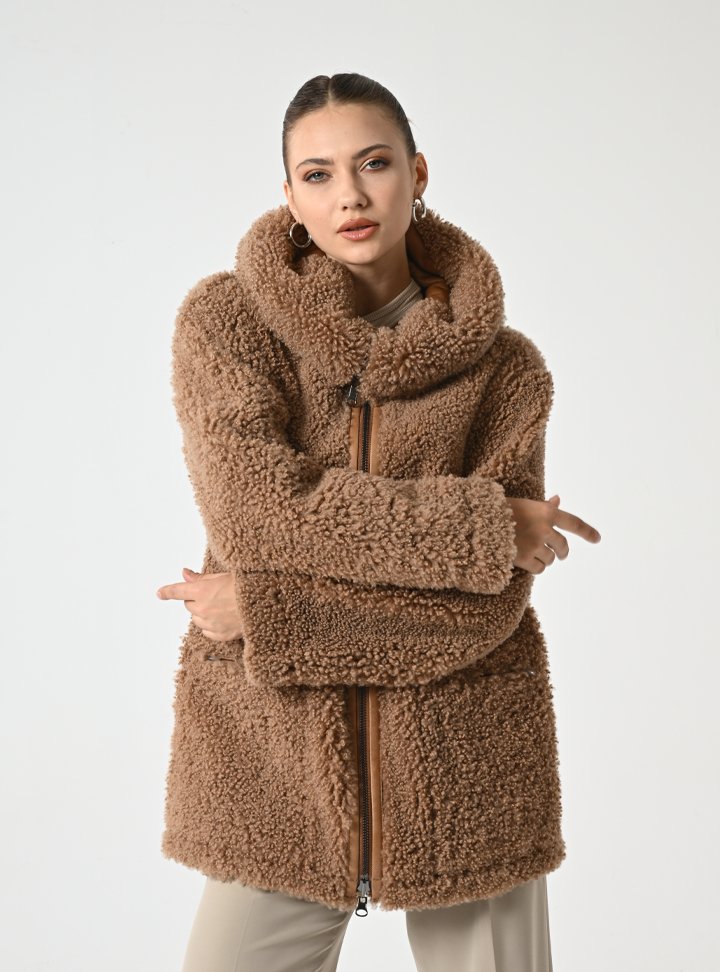 Kadın Taba Çift Taraflı Kapüşonlu Shearling Deri Mont - Cripp