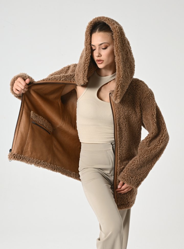 Kadın Taba Çift Taraflı Kapüşonlu Shearling Deri Mont - Cripp