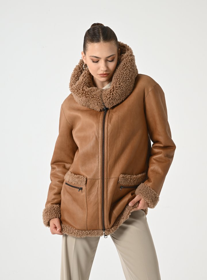 Kadın Taba Çift Taraflı Kapüşonlu Shearling Deri Mont - Cripp