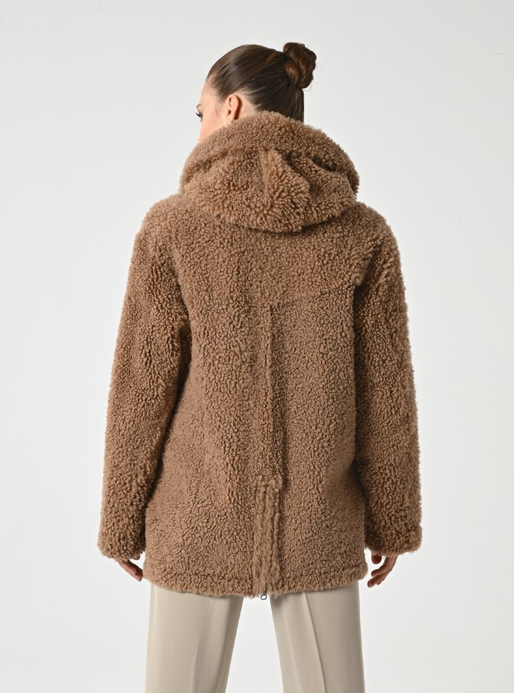 Kadın Taba Çift Taraflı Kapüşonlu Shearling Deri Mont - Cripp