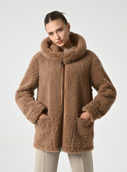 Kadın Taba Çift Taraflı Kapüşonlu Shearling Deri Mont - Cripp