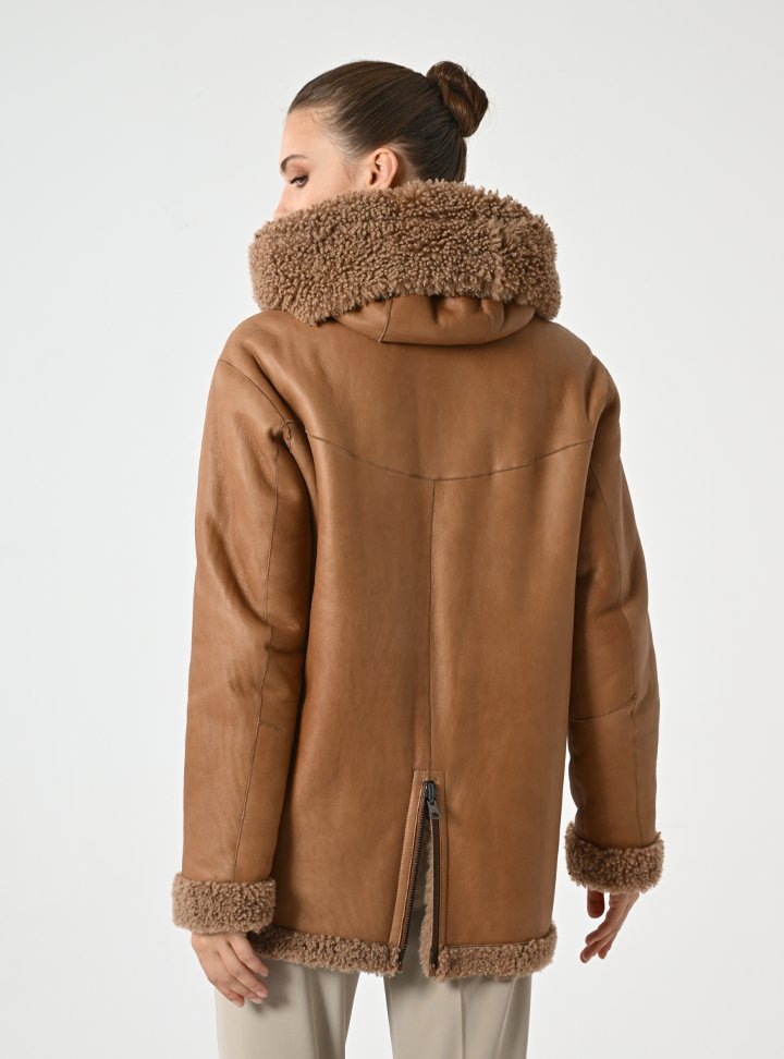 Kadın Taba Çift Taraflı Kapüşonlu Shearling Deri Mont - Cripp