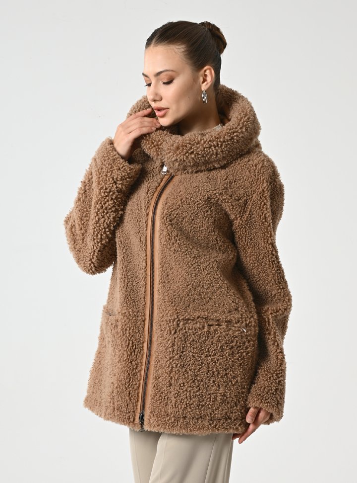 Kadın Taba Çift Taraflı Kapüşonlu Shearling Deri Mont - Cripp