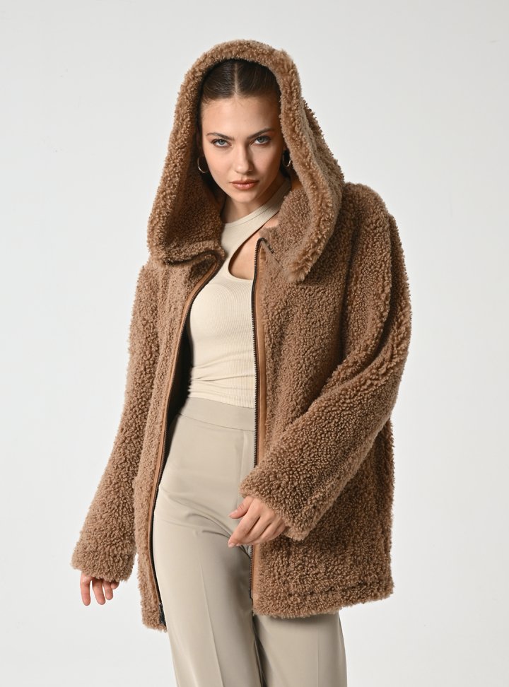 Kadın Taba Çift Taraflı Kapüşonlu Shearling Deri Mont - Cripp