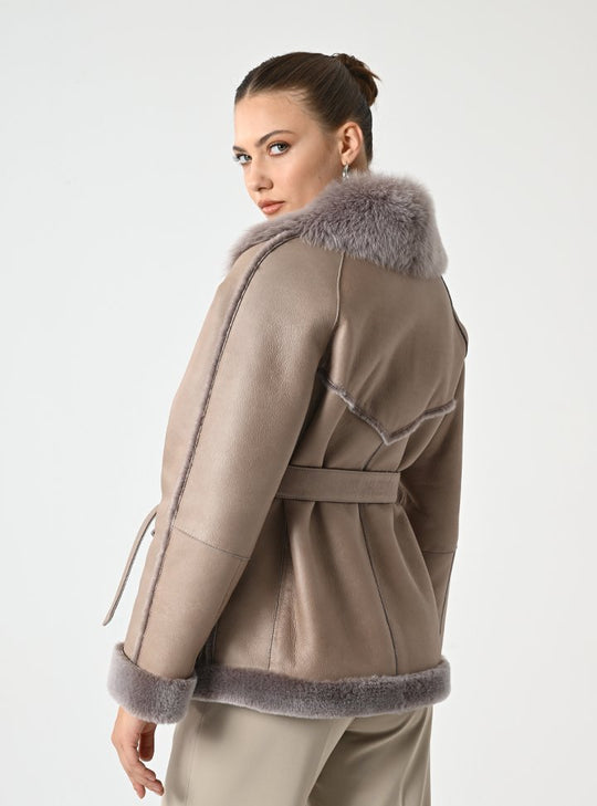 Kadın Taupe Shearling Deri Mont - Cripp