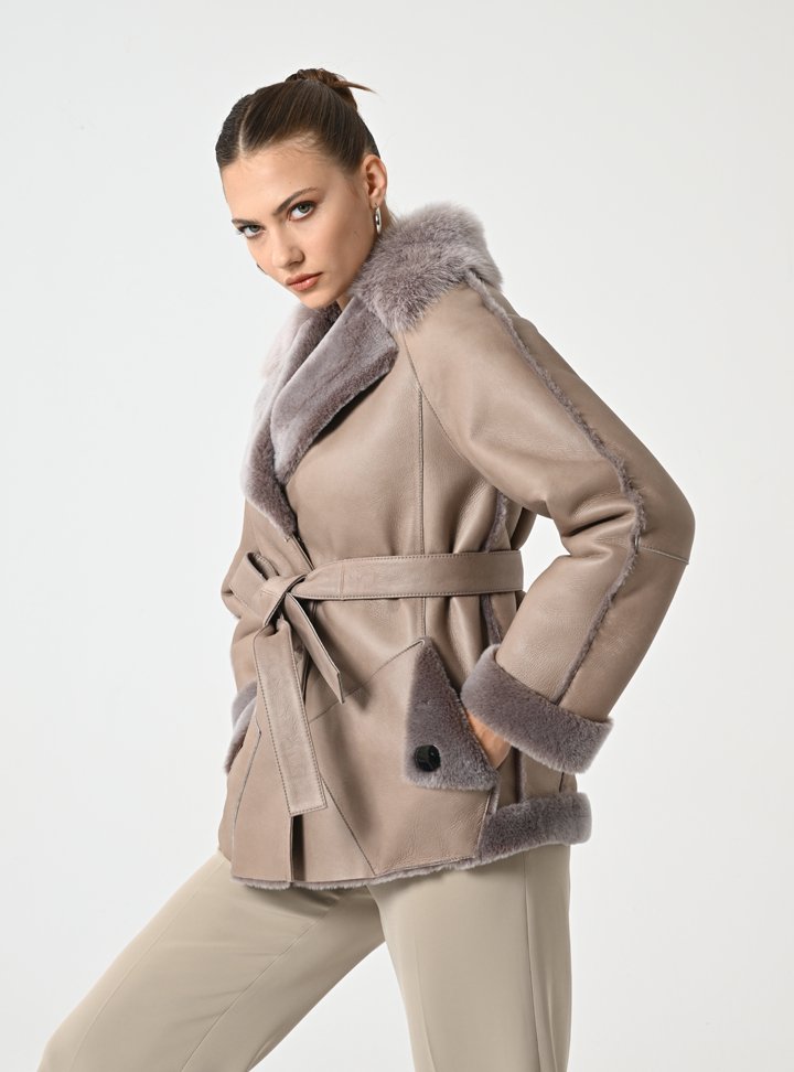 Kadın Taupe Shearling Deri Mont - Cripp