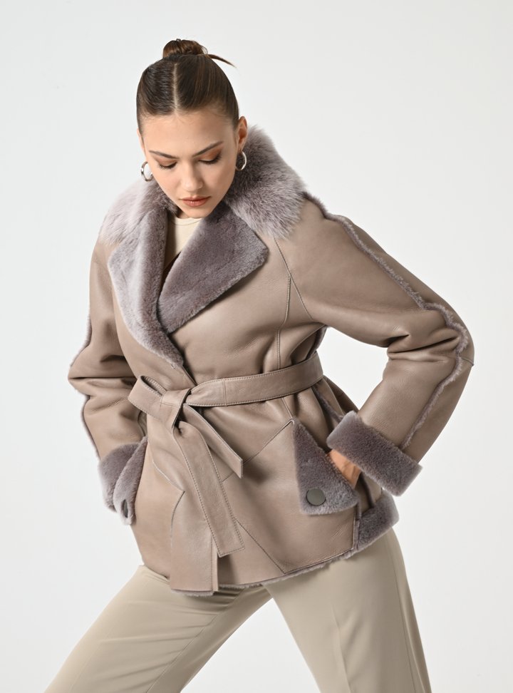 Kadın Taupe Shearling Deri Mont - Cripp