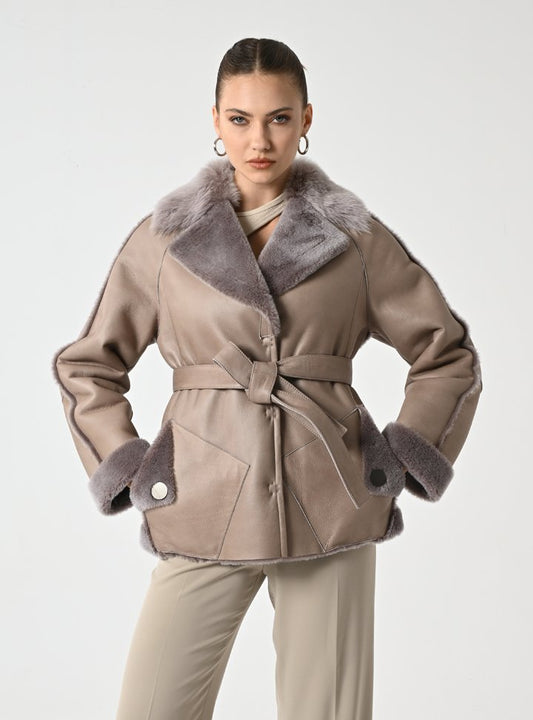 Kadın Taupe Shearling Deri Mont - Cripp