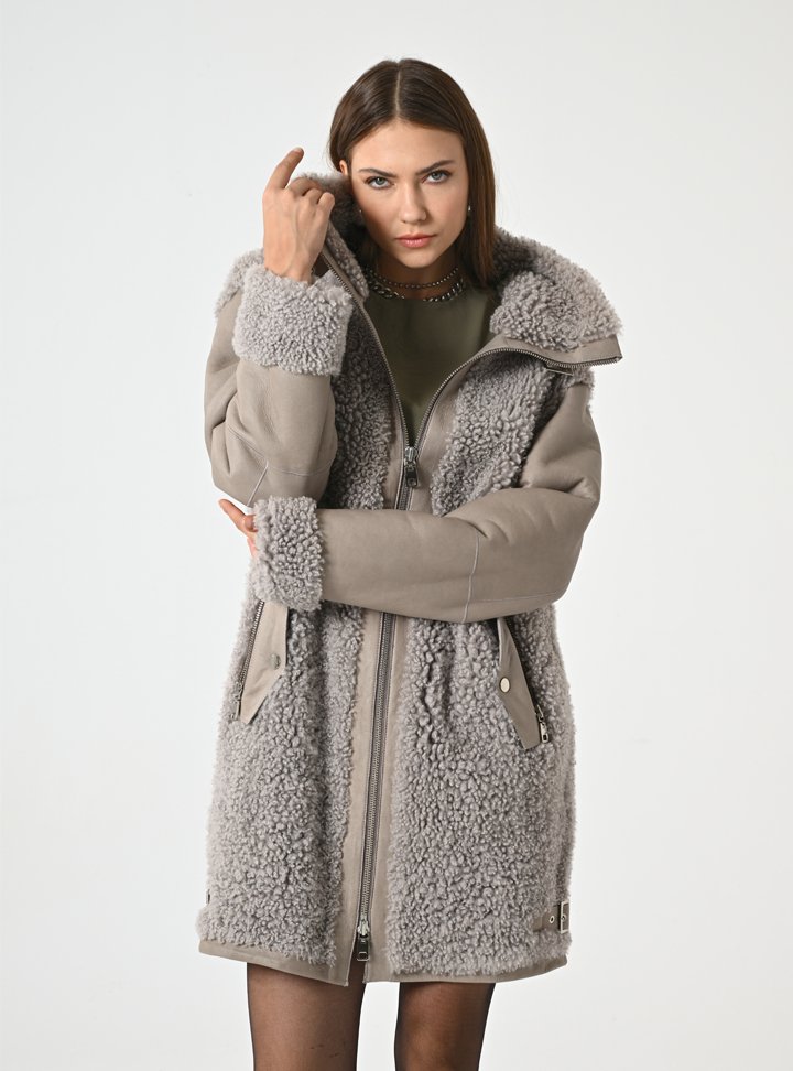 Kadın Taupe Shearling Kaban - Cripp