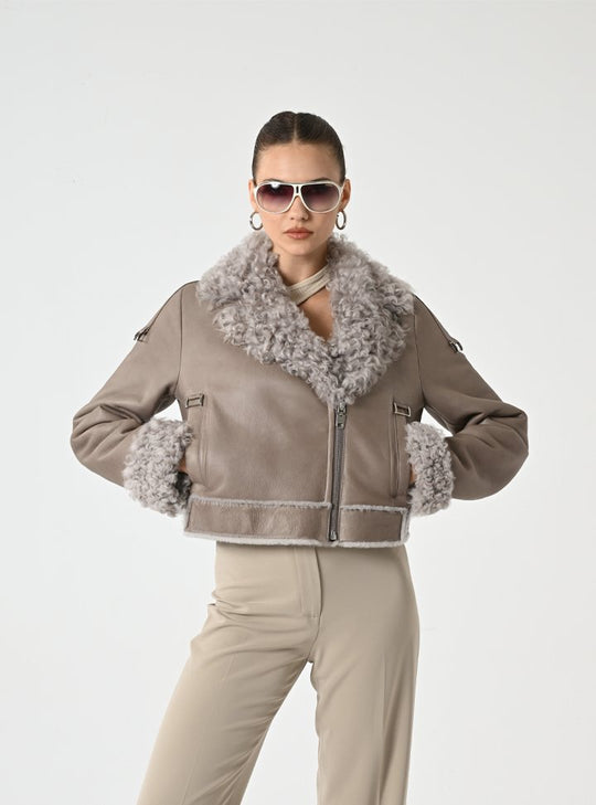 Kadın Taupe Shearling Kürklü Deri Ceket - Cripp