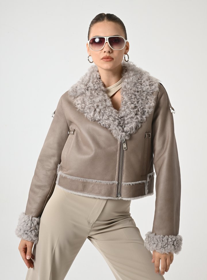 Kadın Taupe Shearling Kürklü Deri Ceket - Cripp