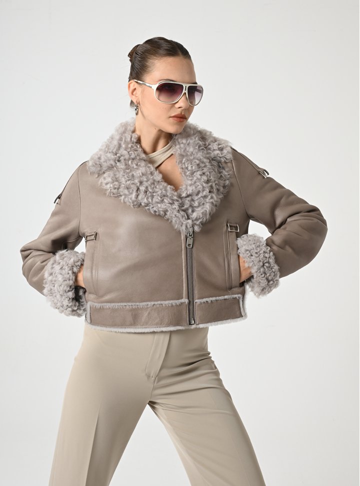 Kadın Taupe Shearling Kürklü Deri Ceket - Cripp