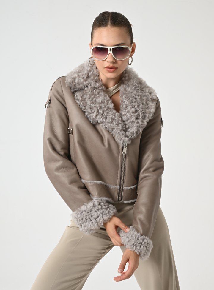 Kadın Taupe Shearling Kürklü Deri Ceket - Cripp