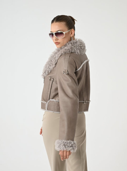 Kadın Taupe Shearling Kürklü Deri Ceket - Cripp