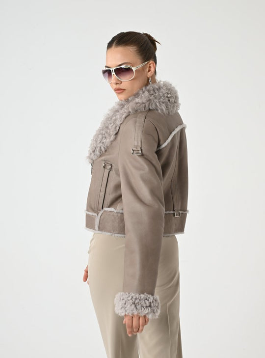 Kadın Taupe Shearling Kürklü Deri Ceket - Cripp