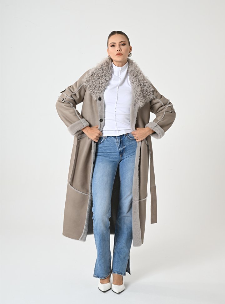 Kadın Taupe Shearling Uzun Kaban - Cripp