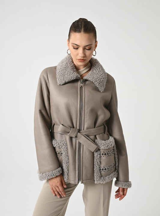 Kadın Taupe Yüksek Yaka Shearling Deri Mont - Cripp